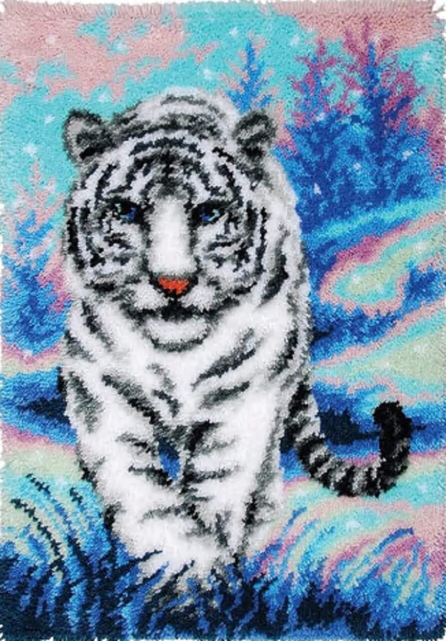 Tiger Latch Hook Rug Kit for Adult, DIY Handmade Carpet Crochet Needlework Mat Knotted Cushion Tapestry, Pre-Printed Latch Hook Kits, Embroidery Decoration Festival Gift 20x15 in.